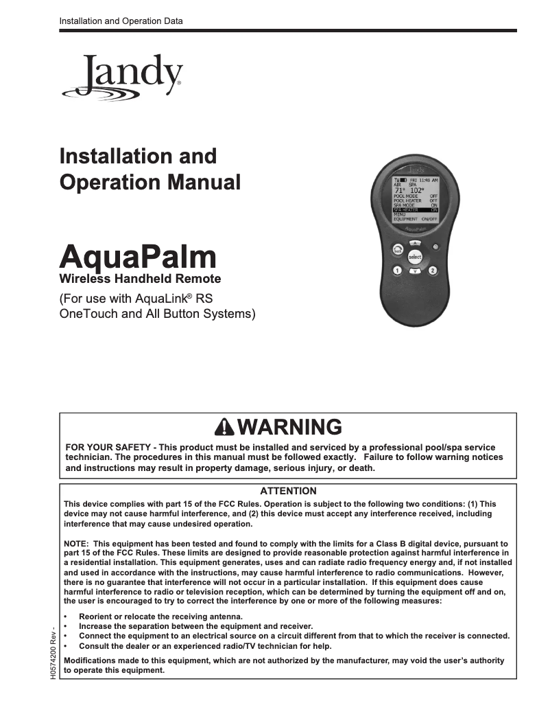 Page n°1 - Manuel utilisateur JANDY AquaLink Wireless Remote