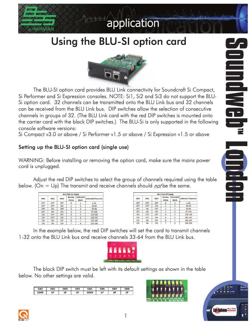 Image de la première page du manuel de l'appareil Soundweb London BLU-SI