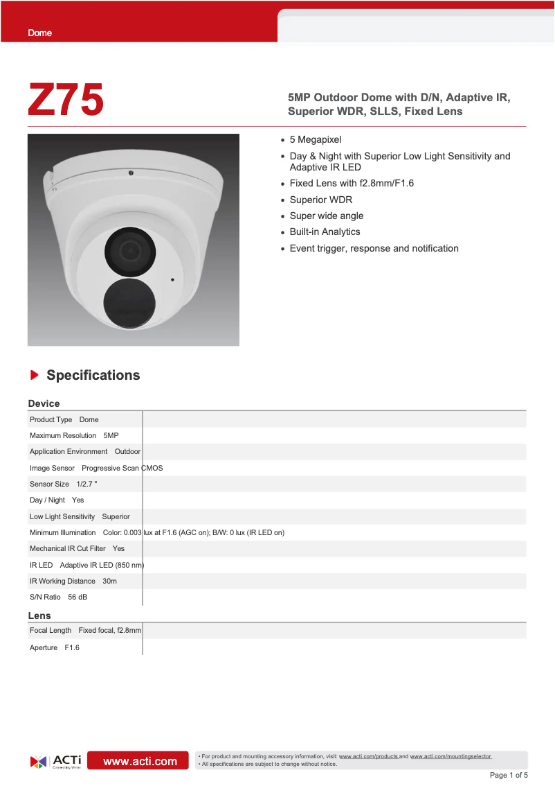 Página 1 del manual Ficha técnica ACTi Z75