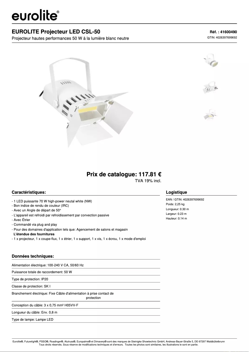 Page 1 de la notice Fiche technique Eurolite LED CSL-50
