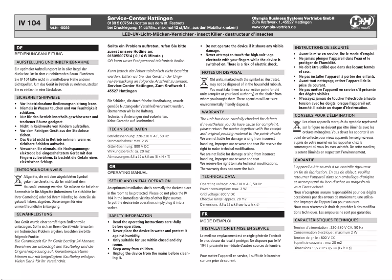 Page 1 de la notice Manuel utilisateur Hartig & Helling IV 104