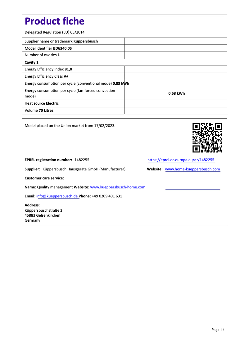 Page 1 de la notice Label énergétique Küppersbusch BD6340.0S