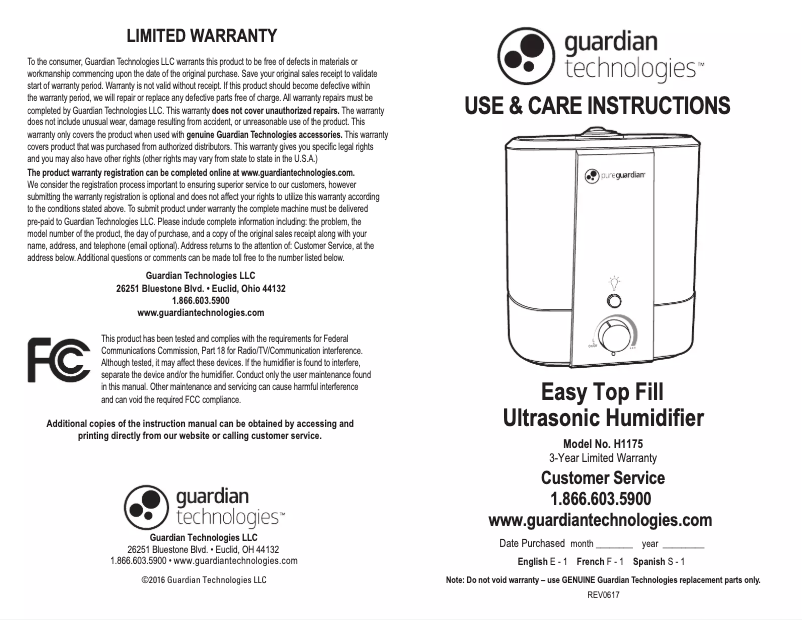 Page n°1 - Manuel utilisateur PureGuardian H1175WCA