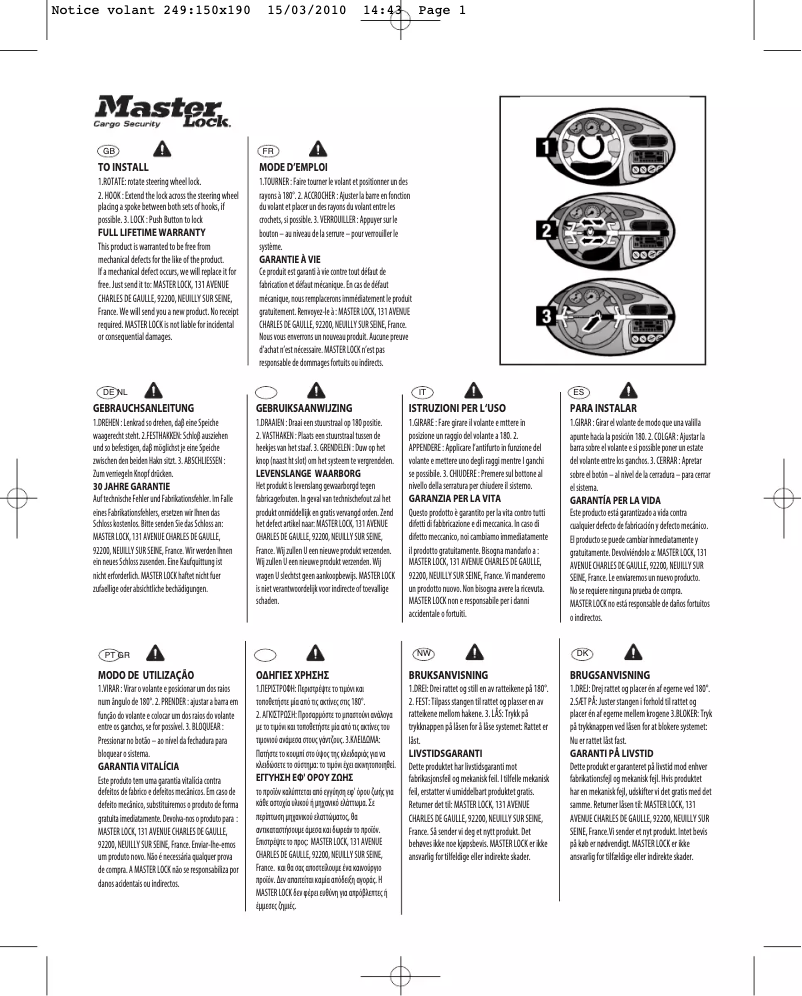 Page n°1 - Manuel utilisateur Master Lock 249EURDAT