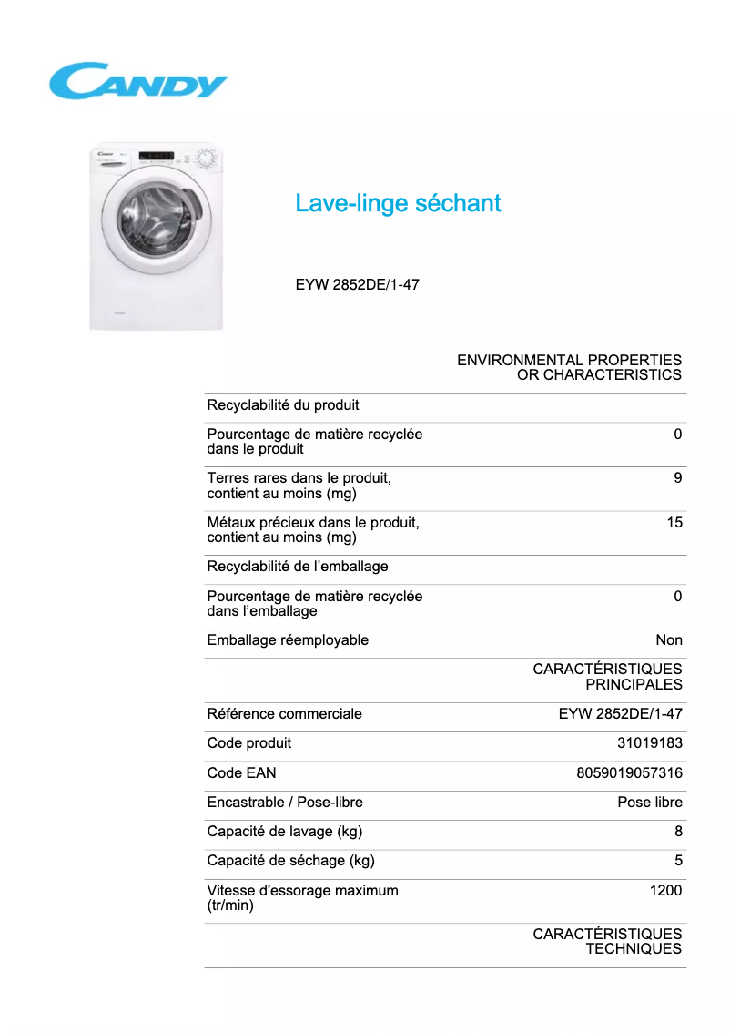 Page 1 de la notice Fiche technique Candy EYW 2852DE/1-47
