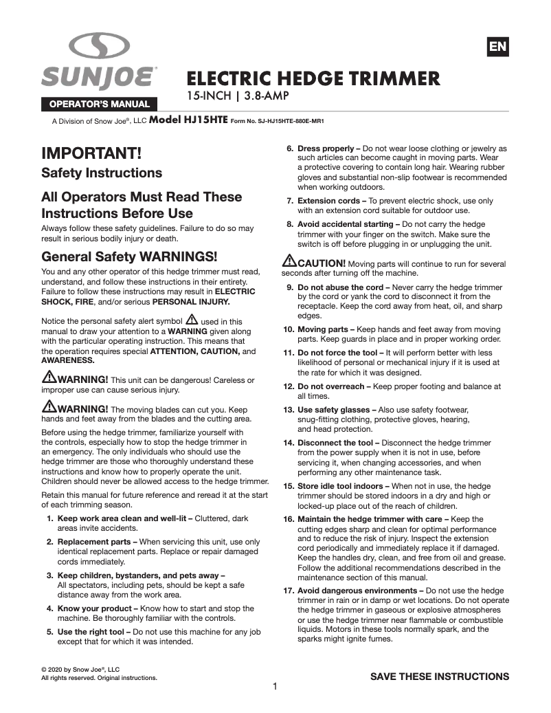 Page 1 de la notice Manuel utilisateur Sun Joe HJ15HTE
