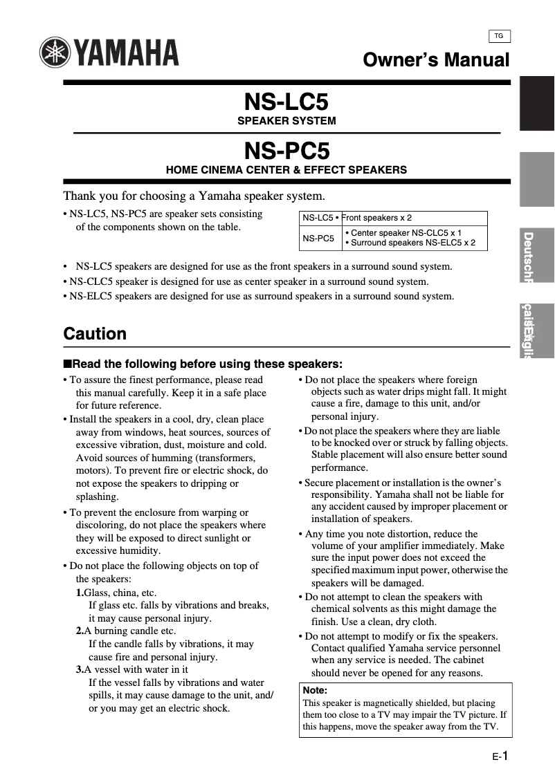 Page 1 de la notice Manuel utilisateur Yamaha NS-LC5