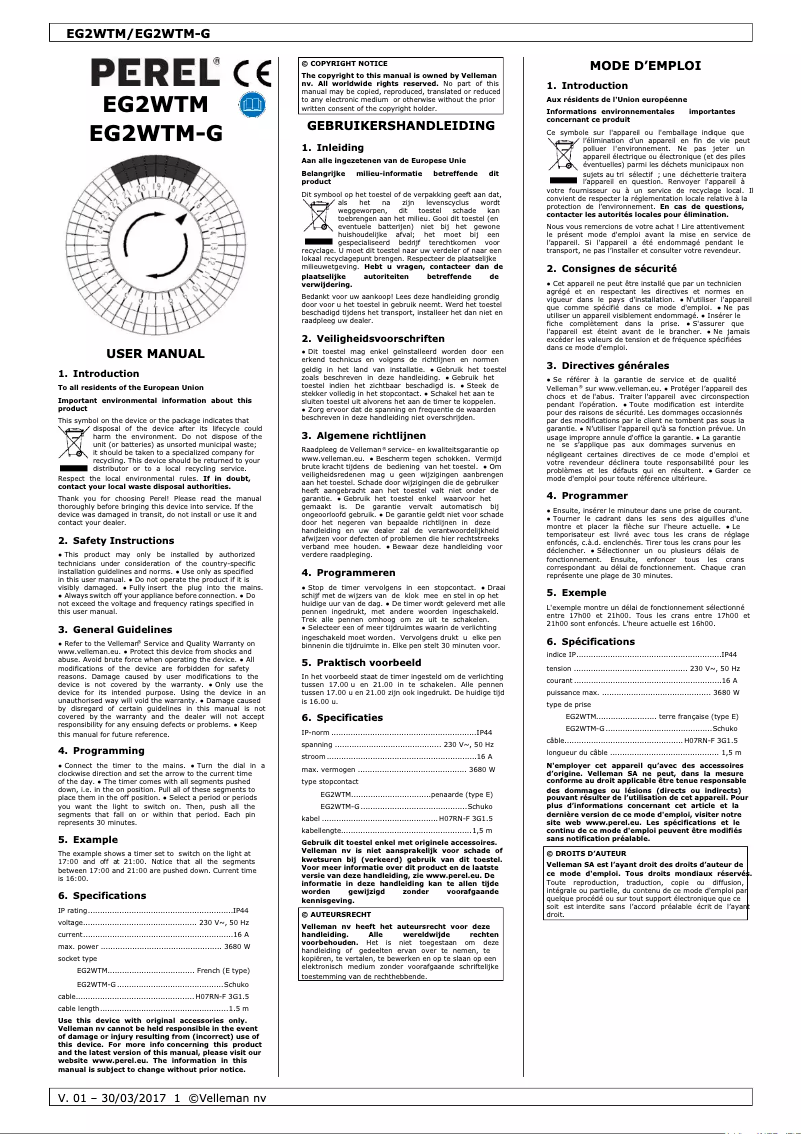 Page 1 de la notice Manuel utilisateur Perel EG2WTM