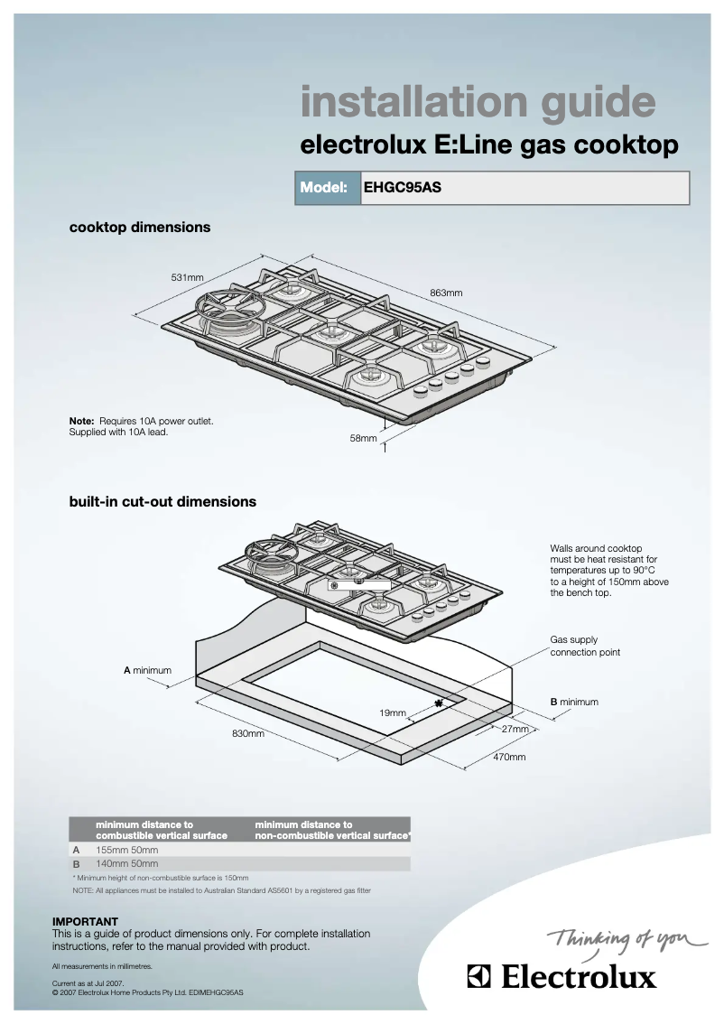 Page 1 de la notice Guide d'installation Electrolux EHGC95AS