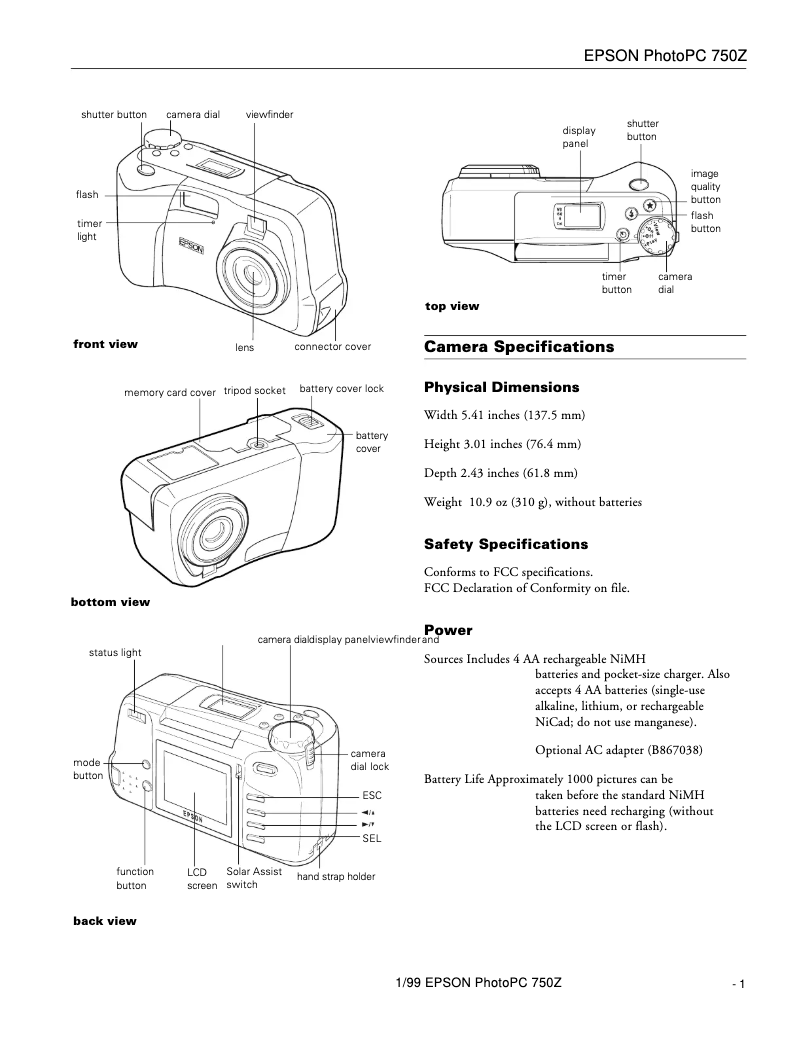 Page 1 de la notice Fiche technique Epson PhotoPC 750Z