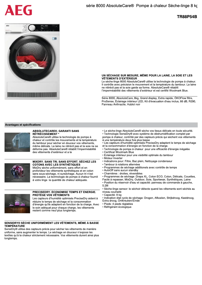 Page n°1 - Fiche technique AEG TR88P54B
