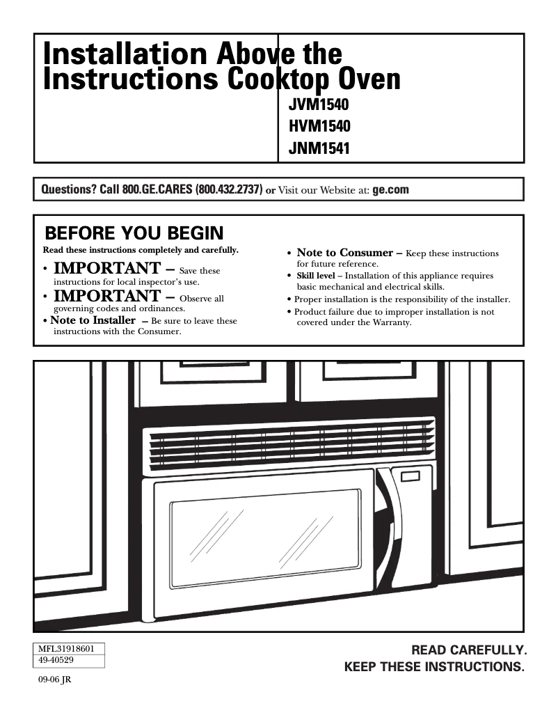 Page 1 de la notice Guide d'installation GE Spacemaker JNM1541DMWW
