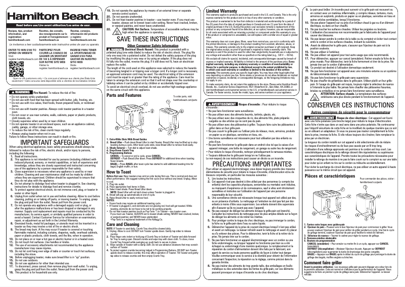 Page 1 de la notice Manuel d'utilisation et d'entretien Hamilton Beach 22633V