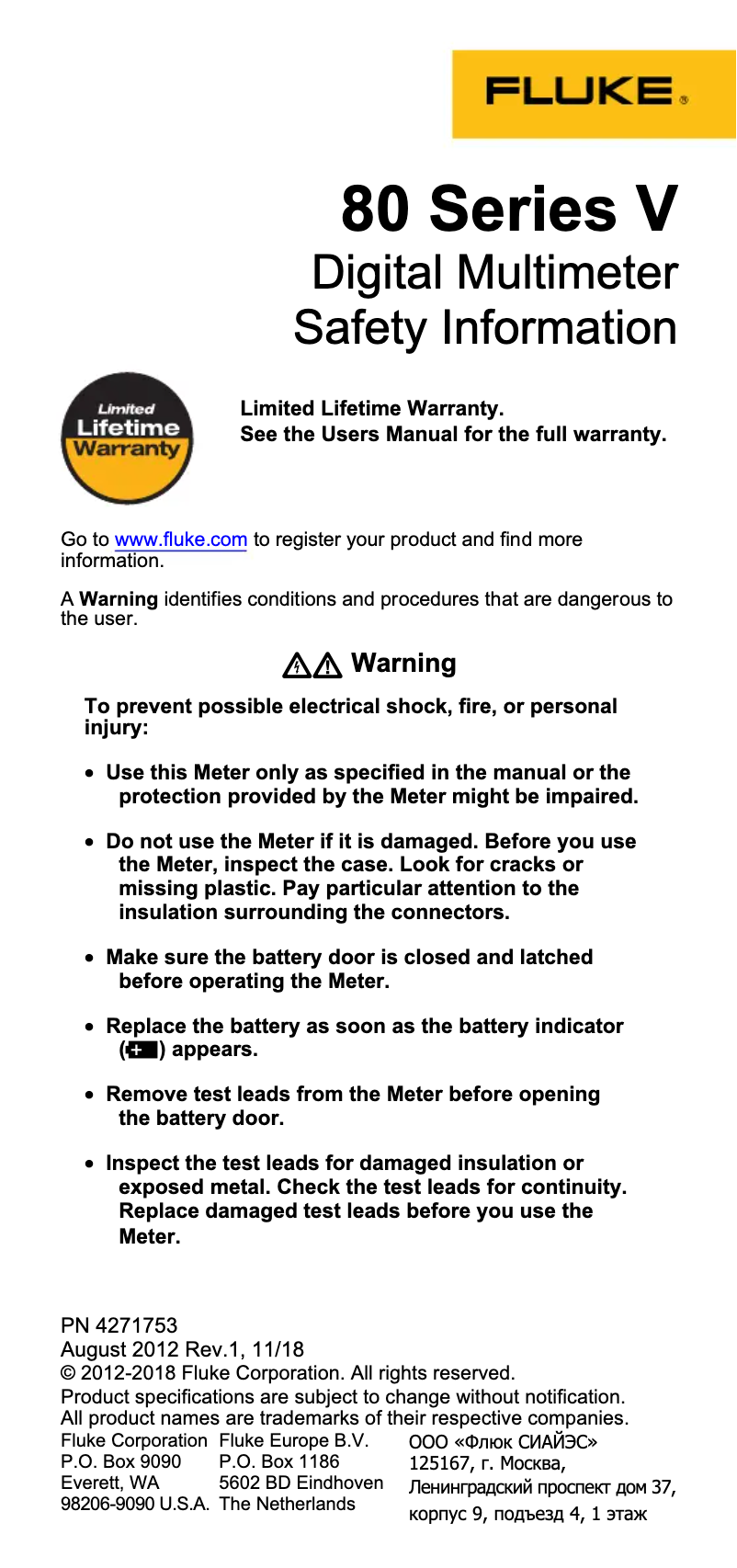 Page 1 de la notice Instructions de sécurité Fluke 87V