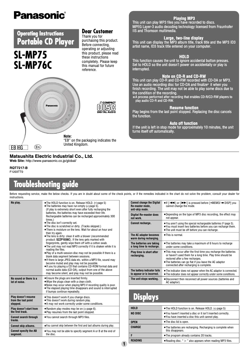 Page 1 de la notice Manuel utilisateur Panasonic SL-MP76C