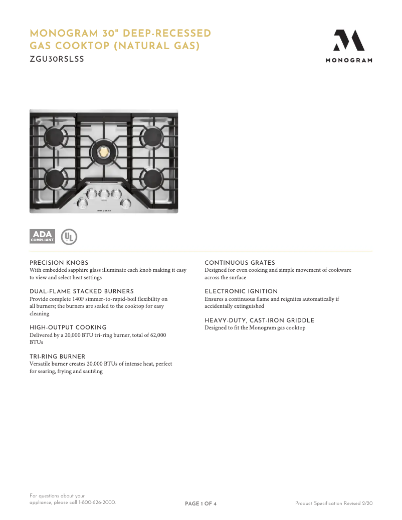 Page 1 de la notice Fiche technique Monogram ZGU30RSLSS