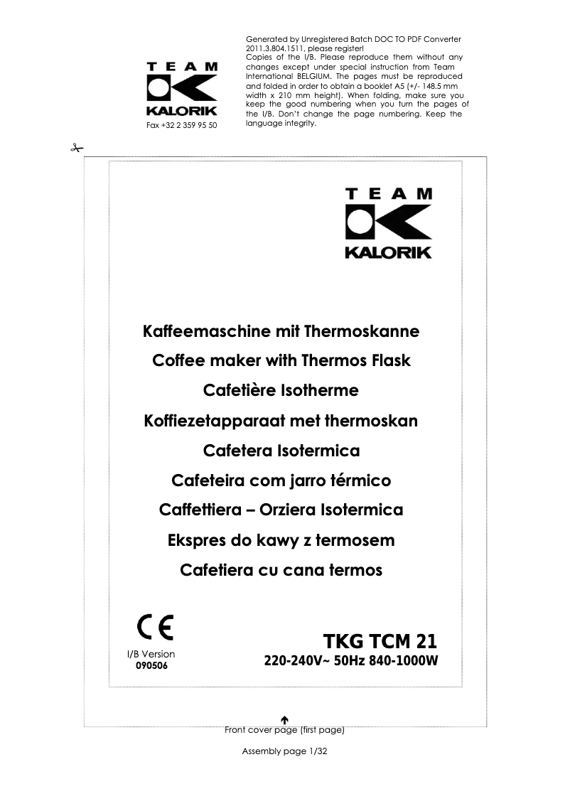 Page n°1 - Manuel utilisateur Kalorik TKG TCM 21