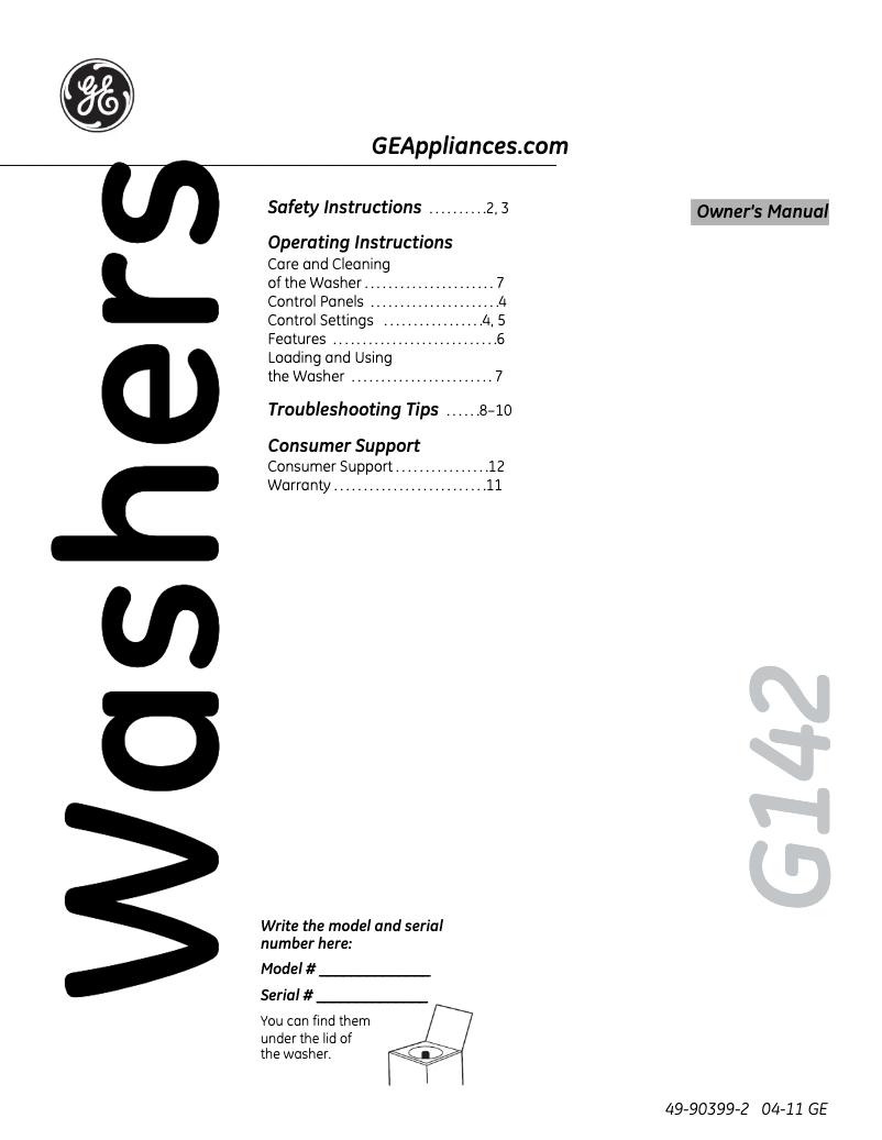 Page n°1 - Manuel d'utilisation et d'entretien GE GTWP1000MWW