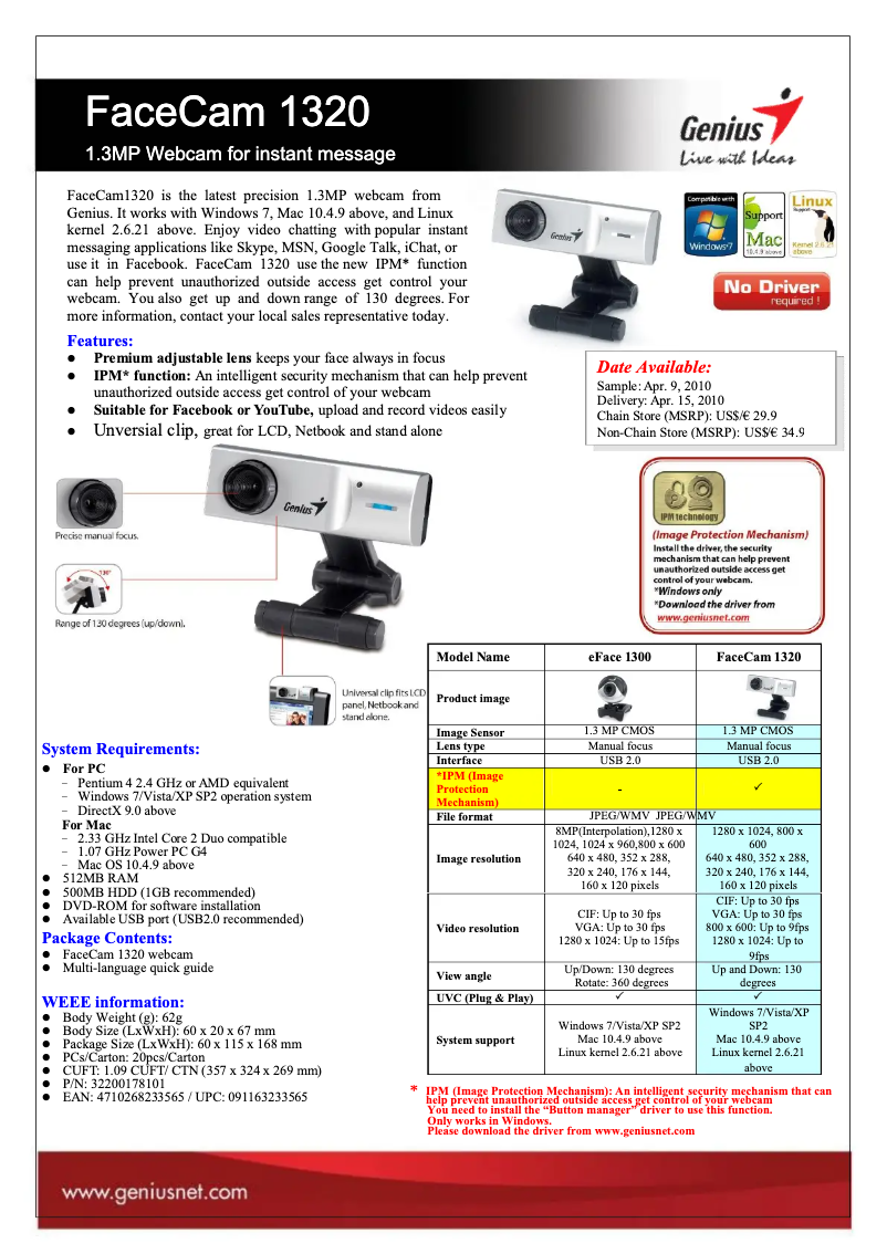 Page 1 de la notice Manuel utilisateur Genius FaceCam 1320
