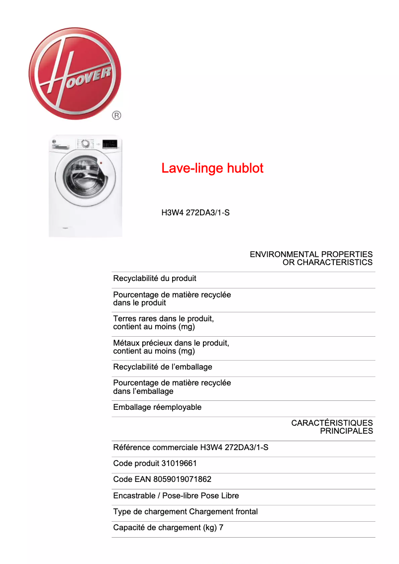 Page 1 de la notice Fiche technique Hoover H-WASH 300 LITE
