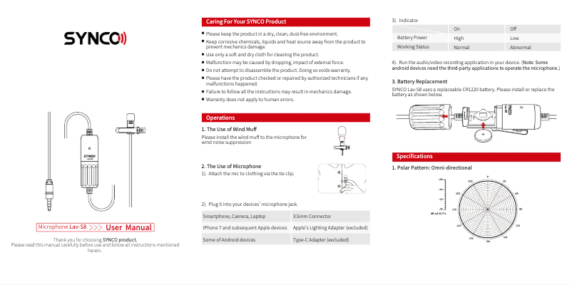 Page n°1 - Manuel utilisateur Synco LAV-S8