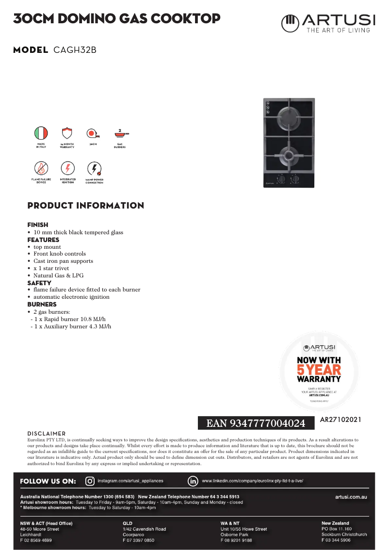Page 1 de la notice Fiche technique Artusi CAGH32