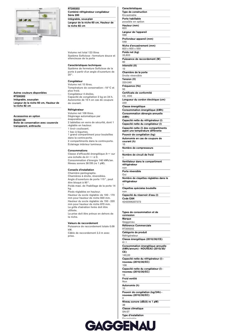Page n°1 - Fiche technique Gaggenau RT200202