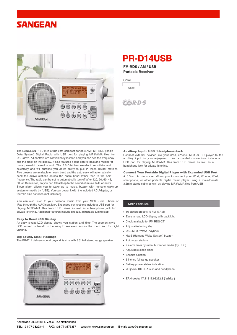 Página 1 del manual Ficha técnica Sangean PR-D14USB