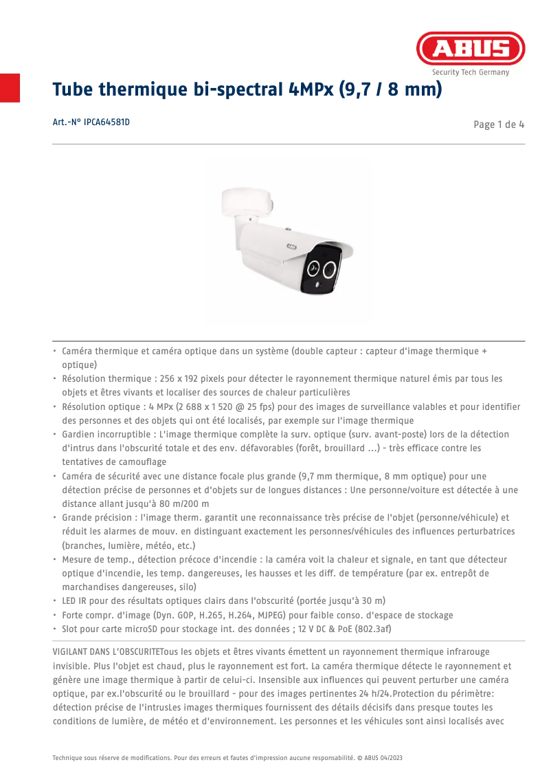 Page n°1 - Fiche technique Abus IPCA64581D