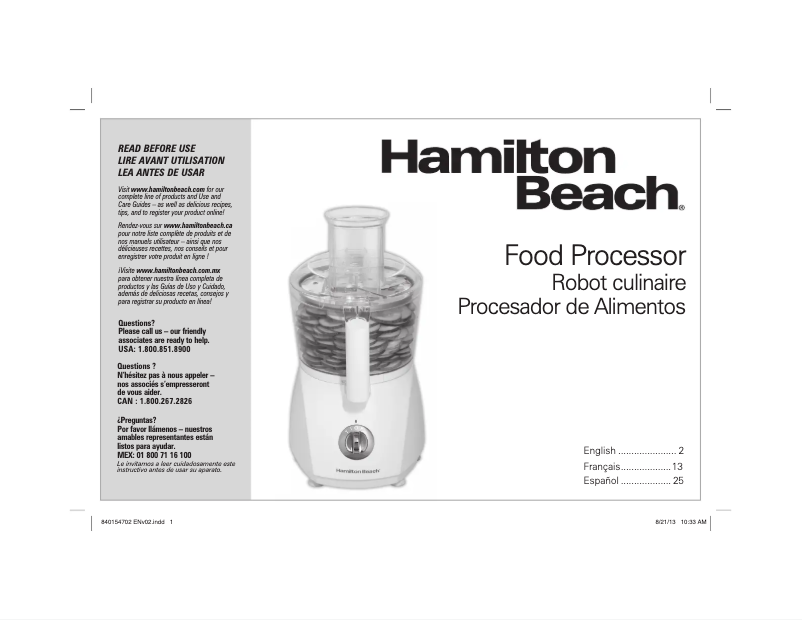 Page 1 de la notice Manuel utilisateur Hamilton Beach 70610K ChefPrep