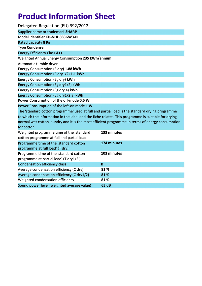 Page 1 de la notice Manuel utilisateur Sharp KD-NHH8S8GW3-PL