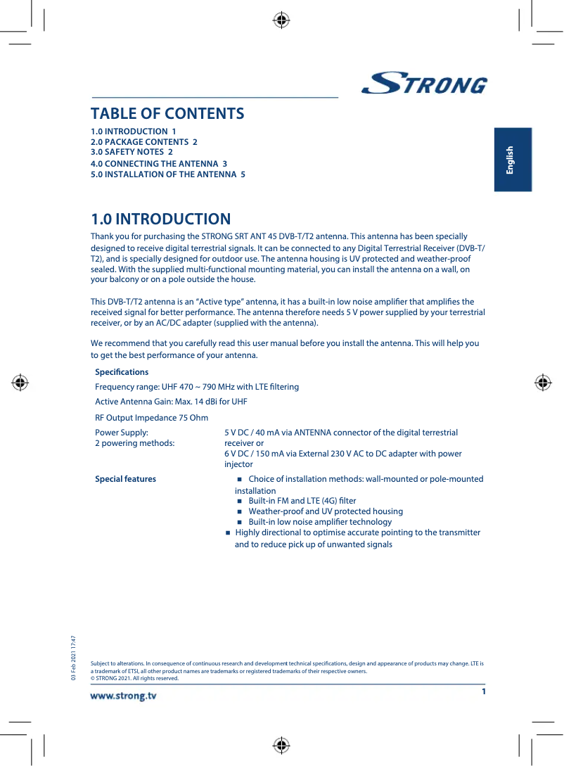 Page 1 de la notice Manuel utilisateur Strong SRT ANT 45