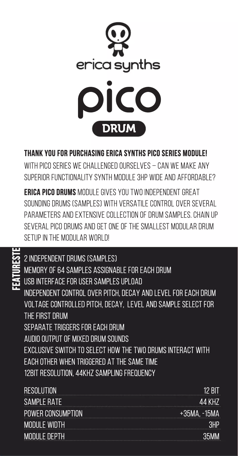 Page 1 de la notice Manuel utilisateur Erica Synths Pico Drum