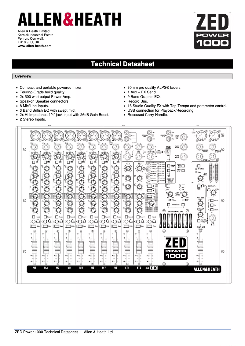 Page 1 de la notice Fiche technique Allen & Heath Zed Power 1000