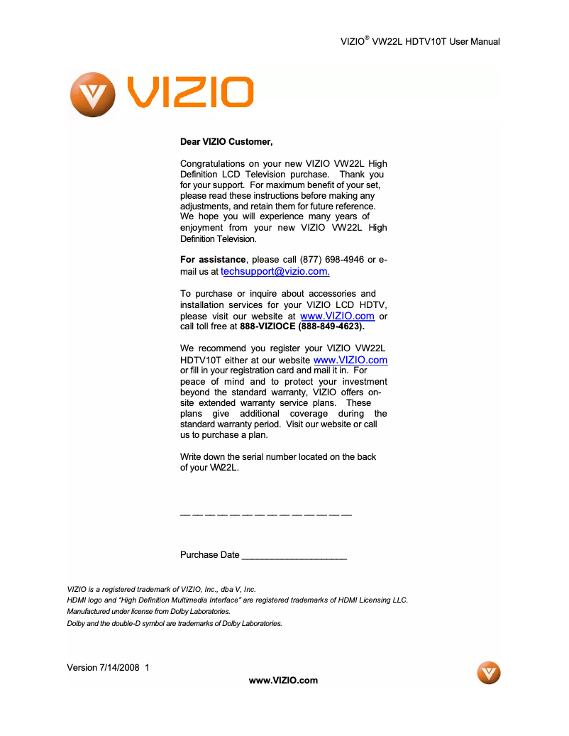 Page 1 de la notice Manuel utilisateur VIZIO VW22L