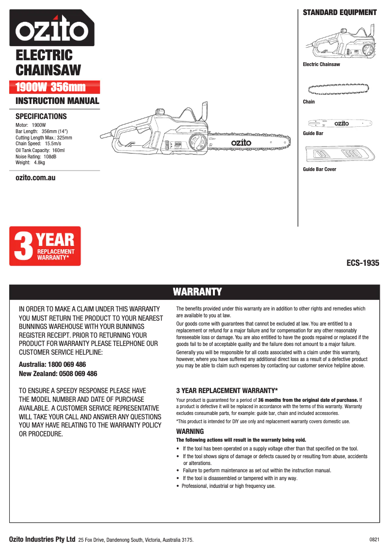 Page 1 de la notice Manuel utilisateur Ozito ECS-1935