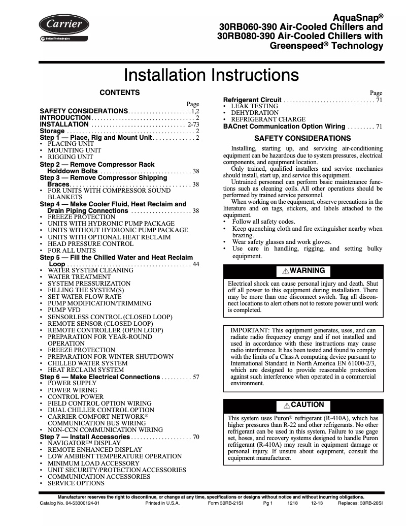 Page n°1 - Manuel utilisateur Carrier AquaSnap 30RB
