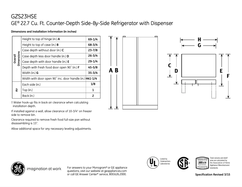 Page 1 de la notice Fiche technique GE GZS23HSESS