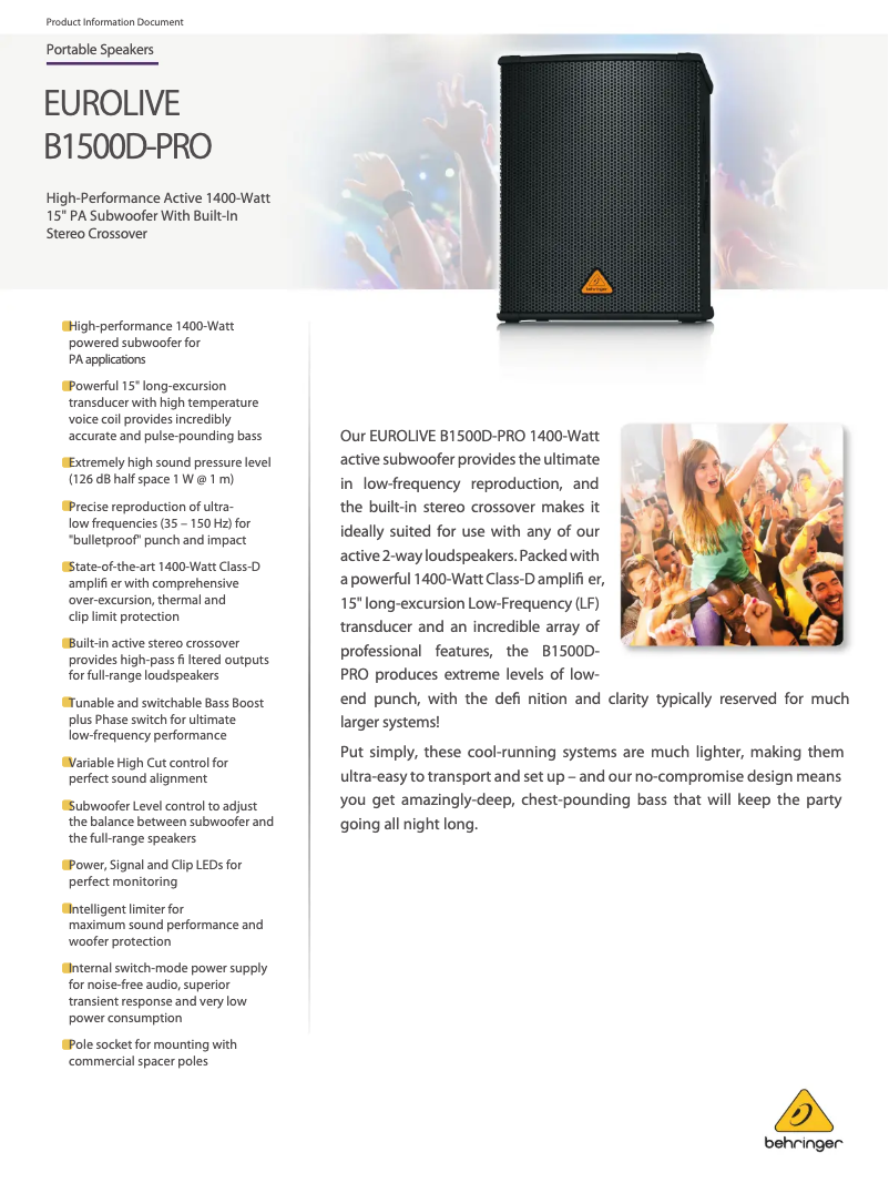 Page n°1 - Fiche technique Behringer Eurolive B1500D-Pro