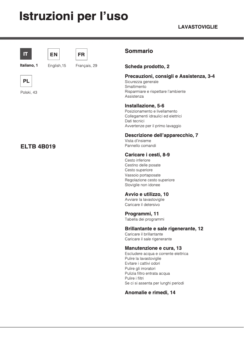 Página 1 del manual Manual de usuario Hotpoint Ariston ELTB 4B019 EU