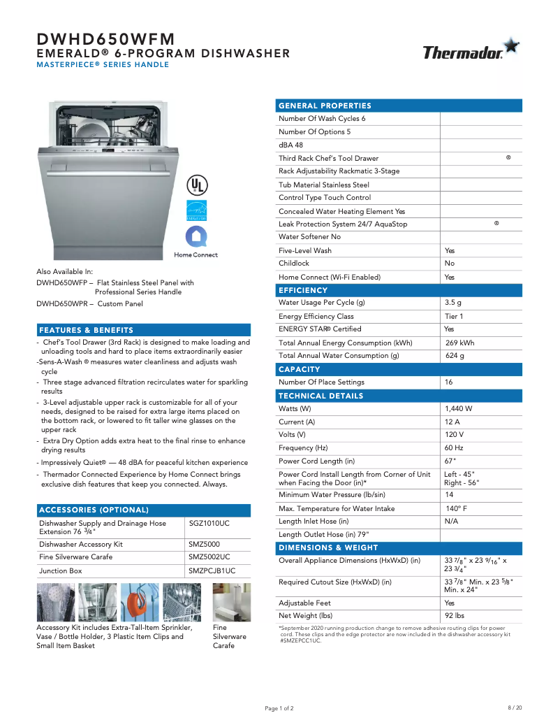 Page 1 de la notice Fiche technique Thermador DWHD650WFM