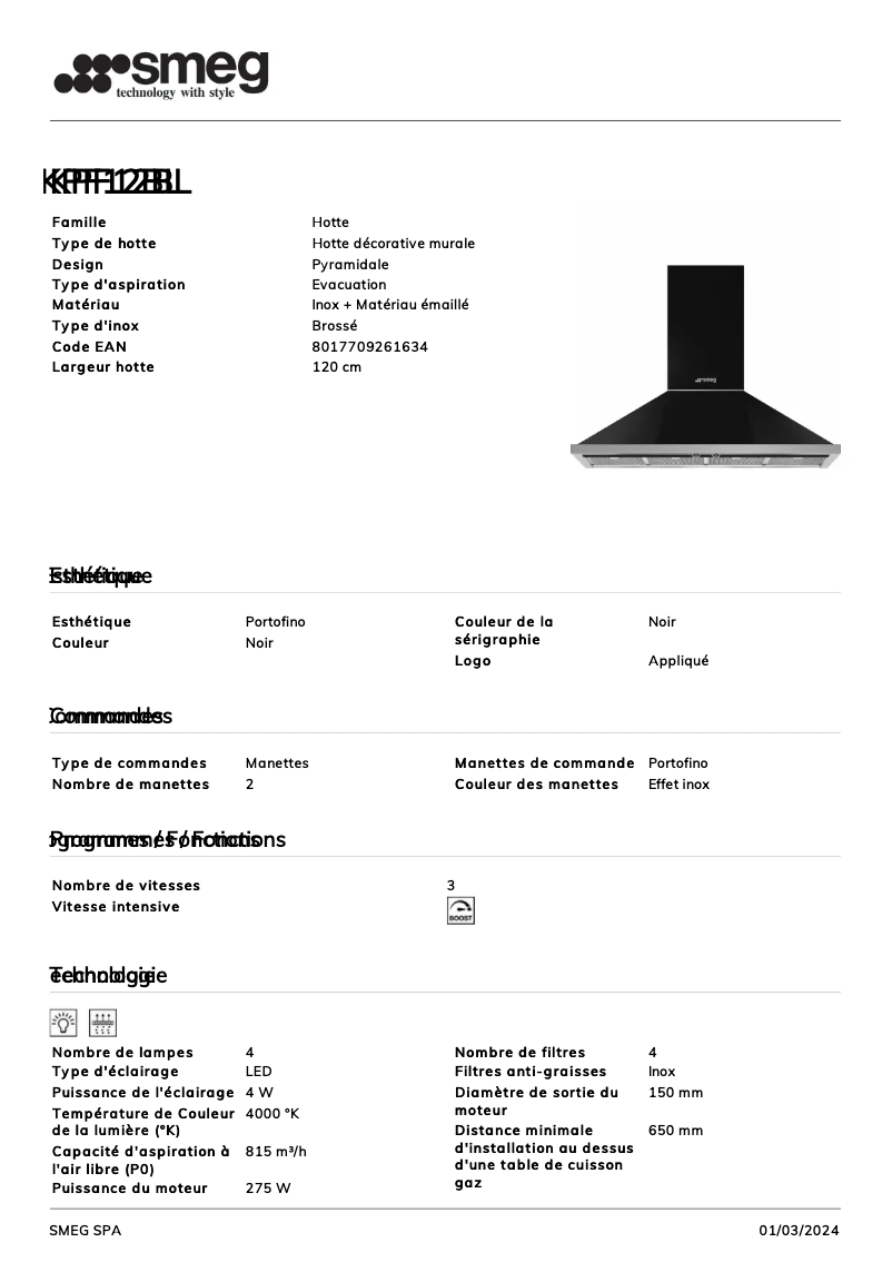 Page n°1 - Fiche technique Smeg KPF12BL