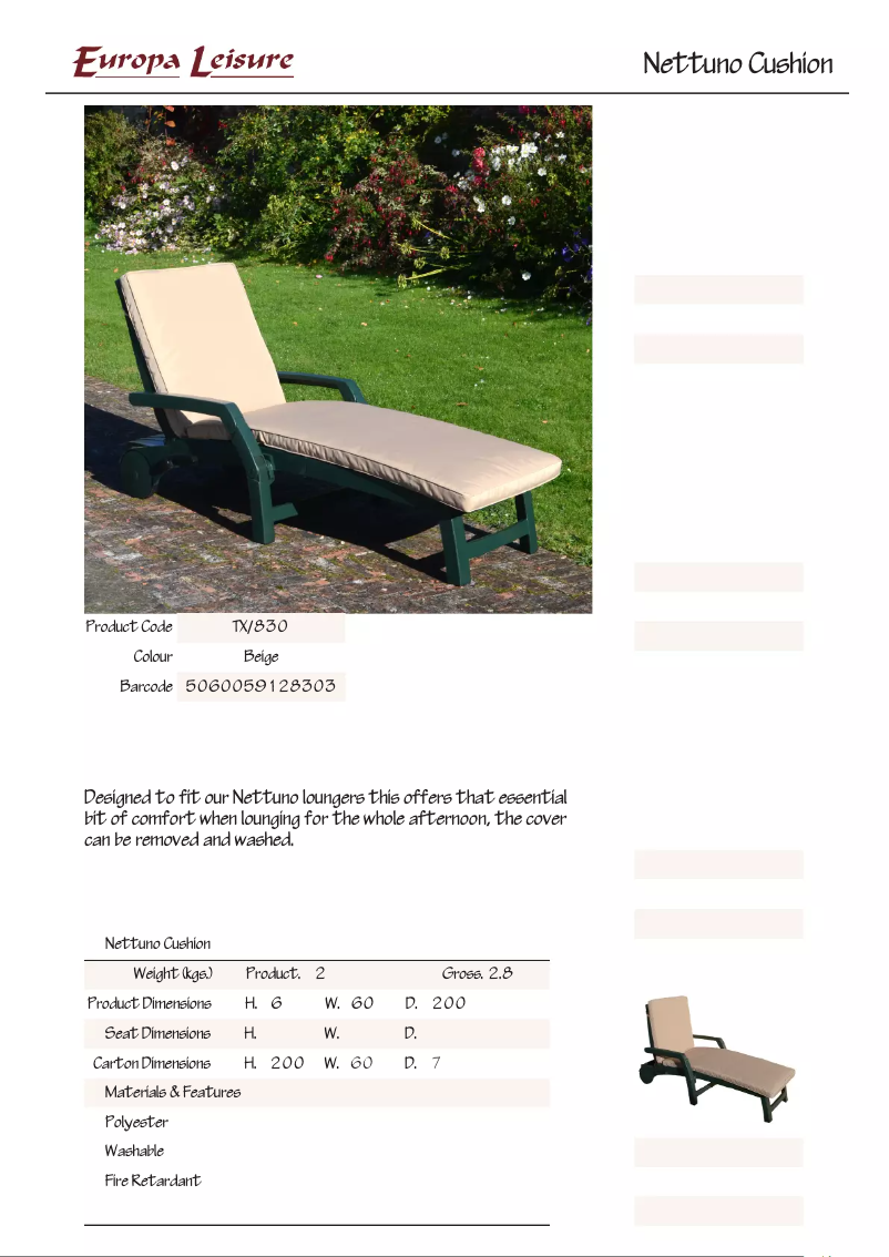 Page 1 de la notice Manuel utilisateur Europa Leisure Nettuno Cushion