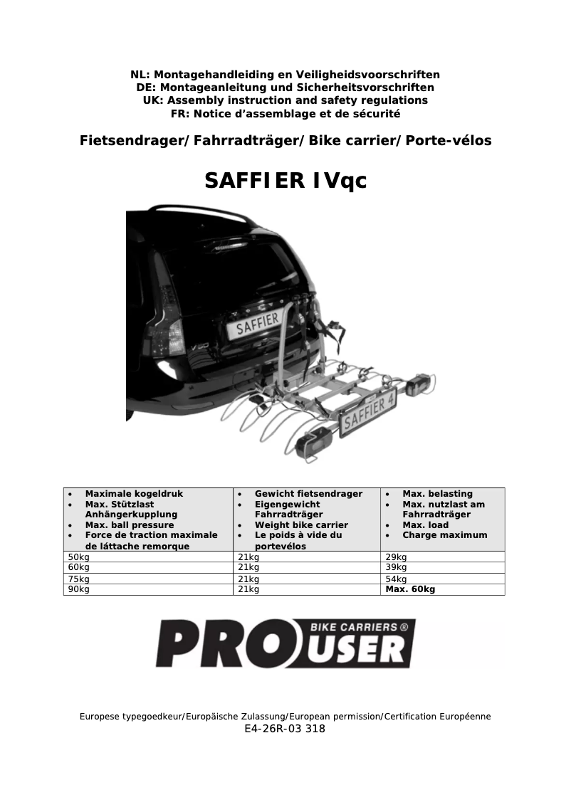 Page 1 de la notice Manuel utilisateur Pro-User Saffier IV QC