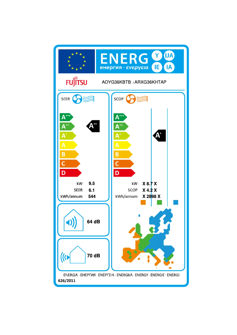 Page 1 de la notice Label énergétique Fujitsu AOYG36KBTB