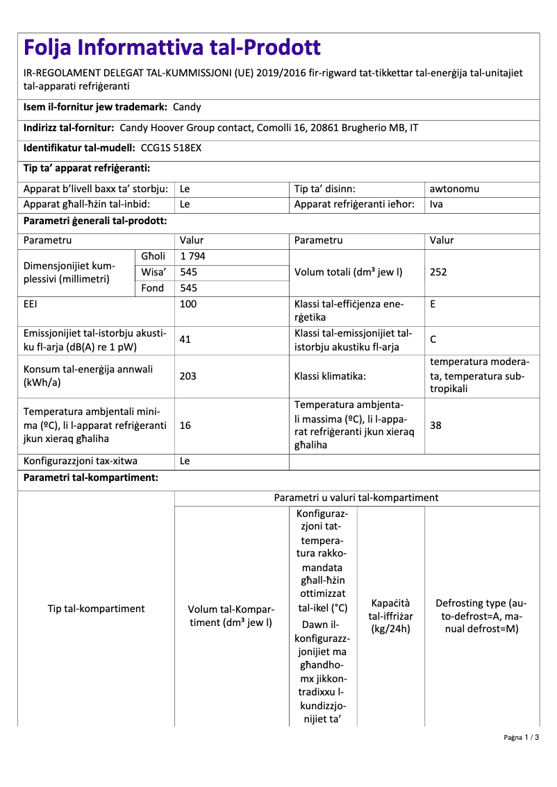 Page 1 de la notice Fiche technique Candy CCG1S 518EX