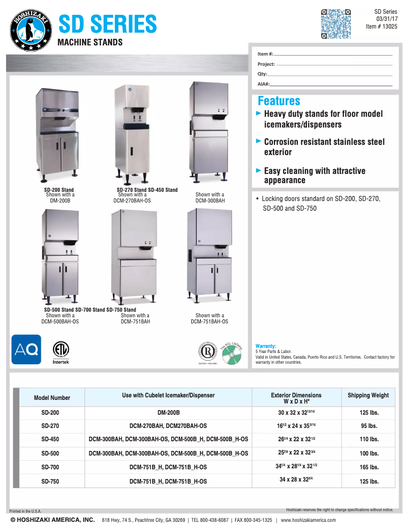 Page 1 de la notice Fiche technique Hoshizaki SD-750