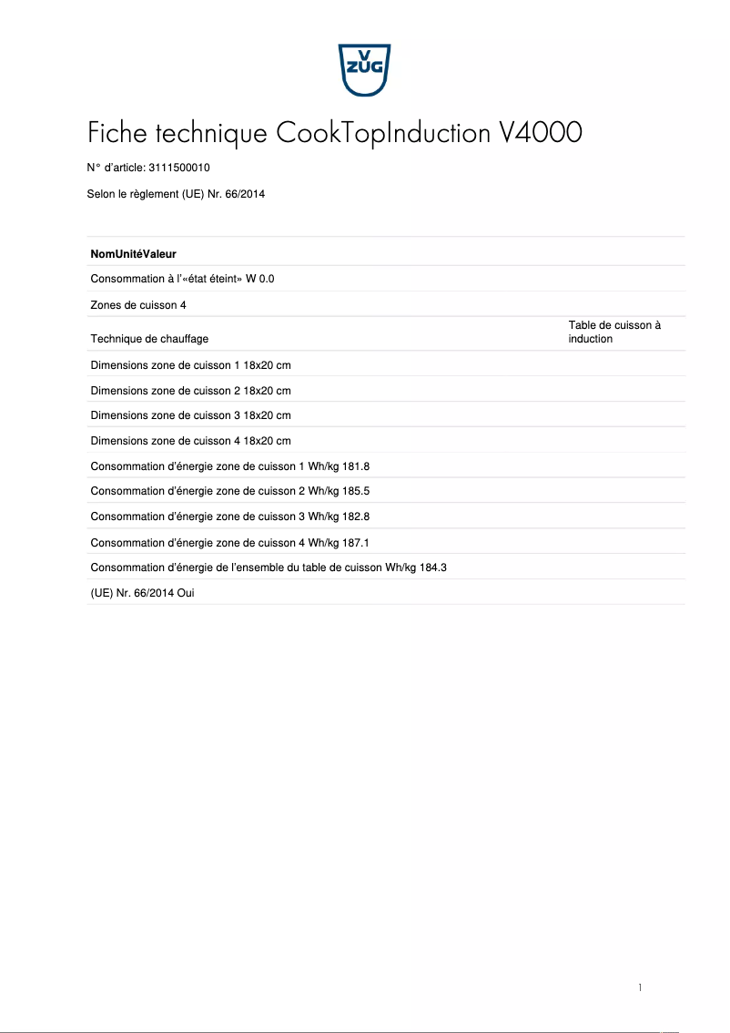 Page n°1 - Fiche technique V-Zug CookTopInduction V4000