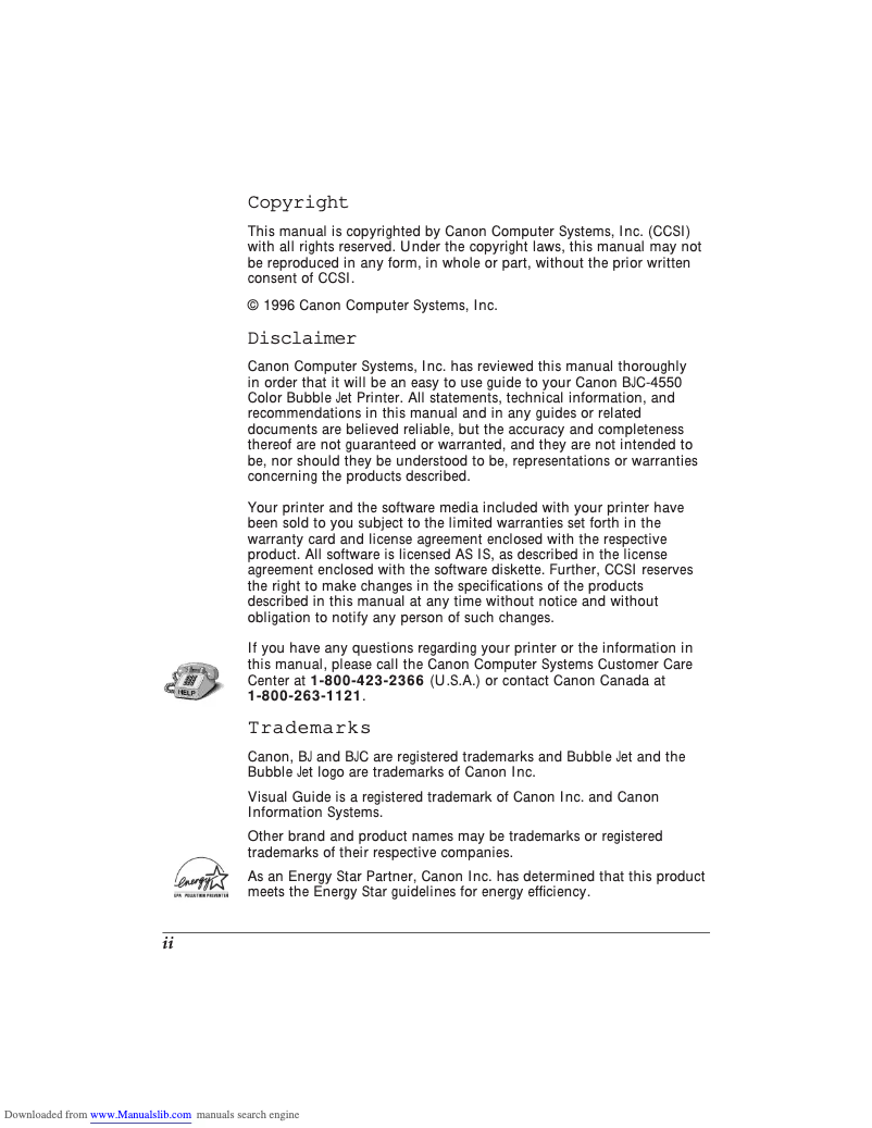 Page n°1 - Manuel utilisateur Canon BJC-4550