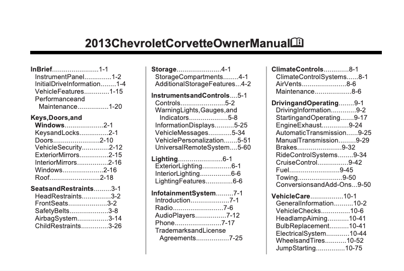 Page 1 de la notice Manuel utilisateur Chevrolet Corvette Stingray (2013)